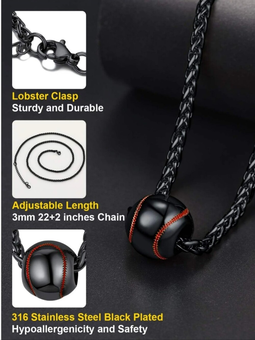 Gun Metal Black Baseball Softball Pendant Necklace On 22" Wheat Chain + 2" Ext - Picture 3 of 4